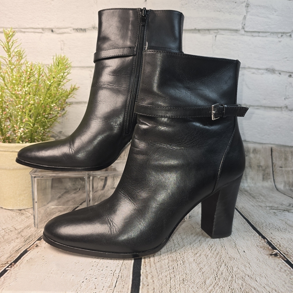 ANN TAYLOR BLACK LEATHER ANKLE BOOTS STACKED BLOCK HEEL WOMENS 9.5 EUC